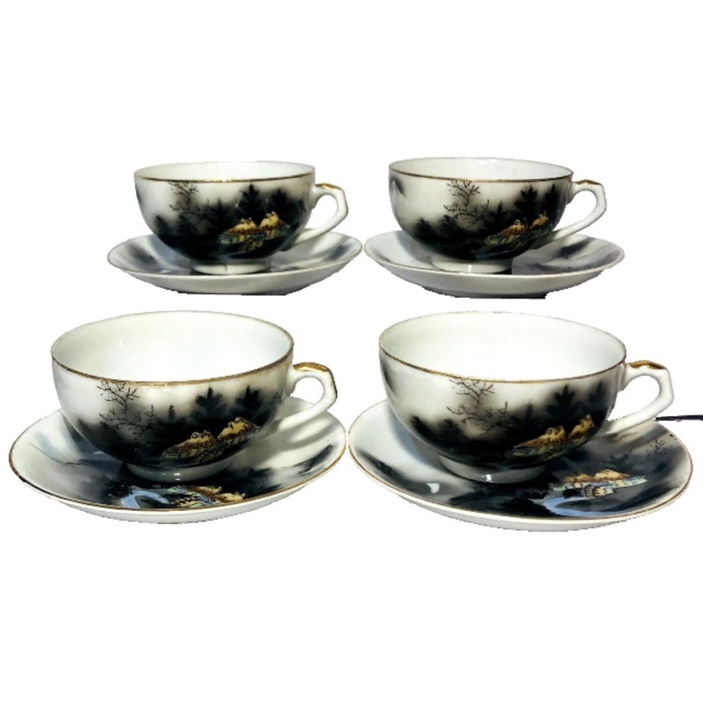 Vintage Soko Porcelain Tea Cups  and Saucer Set of 4  Lithopane Geisha 1950’s